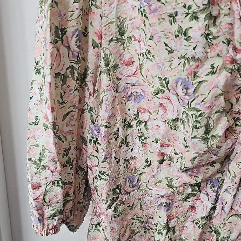 Lucy Paris Floral Tie-Front Peplum Blouse w/ Balloon Sleeves in women's size XL - Picture 3 of 7